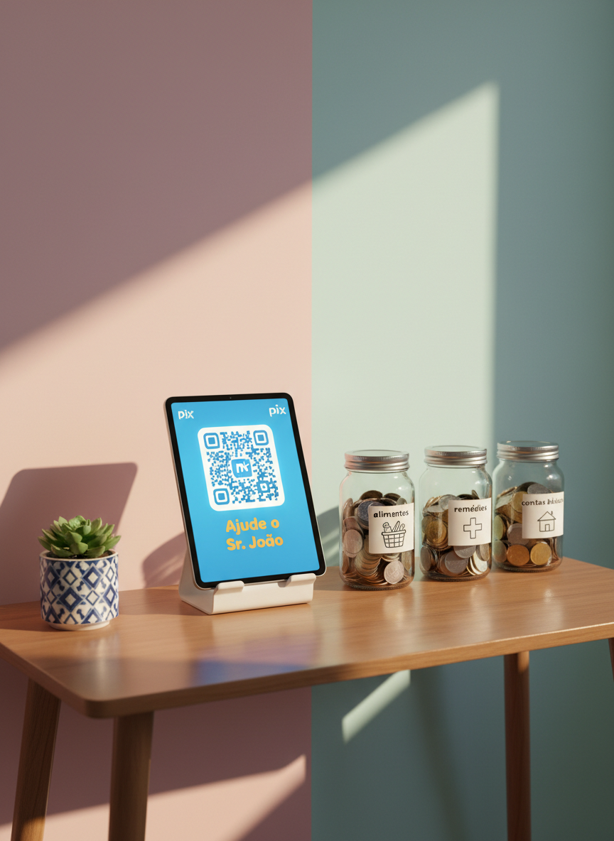 A neatly arranged donation station on a wooden console table against a soft pastel-colored wall, captured in photographic realism. At the center lies a tablet upright in a simple stand, showing a bright, clear Pix QR code and the text “Ajude o Sr João” in warm, friendly typography. Beside it, labeled glass jars filled with coins are marked for essentials like “alimentos”, “remédios” and “contas básicas”. A small plant in a ceramic pot adds life and hope to the scene. Warm, indirect afternoon light illuminates the setup, casting gentle shadows that emphasize textures of glass, metal, and wood. Shot from a slightly elevated angle with balanced composition, the mood is caring, organized, and optimistic, perfectly conveying structured solidarity donations.